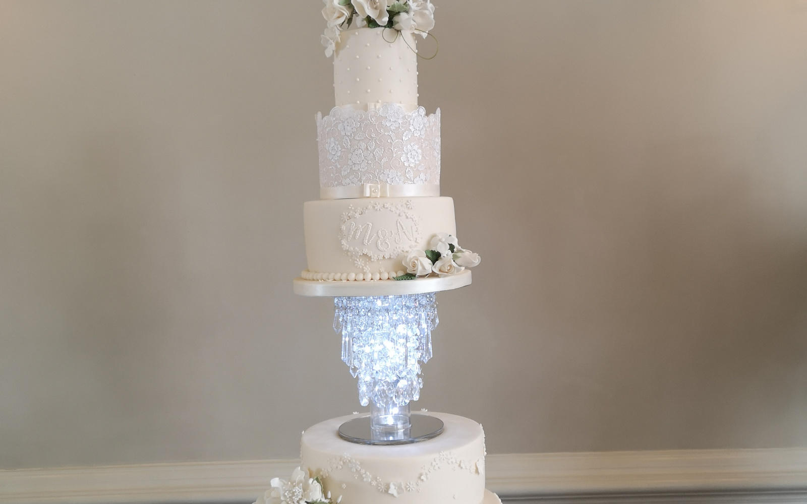 Cakes by Mrs F cake designer Italian Real Wedding Elmore Court Gloucestershire chandelier stand