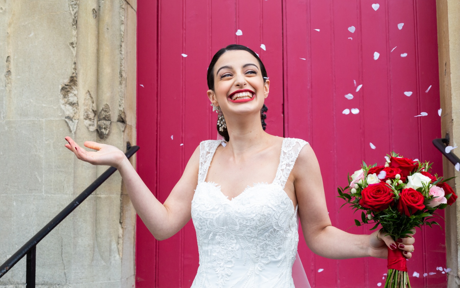 Whitewed Directory July supplier of the month blog Makeup by Emma Wiltshire bridal make-up artist specialist air brush make up 50's inspired large rose bouquet red lipstick