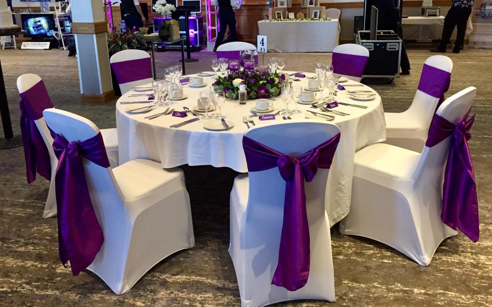 March supplier of the month Whitewed directory blog Niche Events Luxury Affordable Venue styling purple silk chair sashes